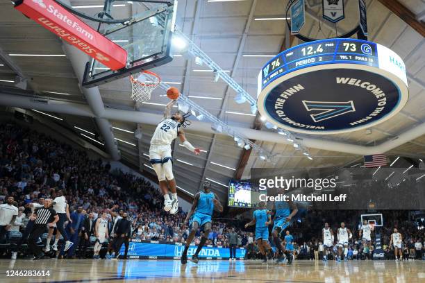 Cam Whitmore of the Villanova Wildcats dunks the ball against the Georgetown Hoyas in the second half at Finneran Pavilion on January 16, 2023 in...