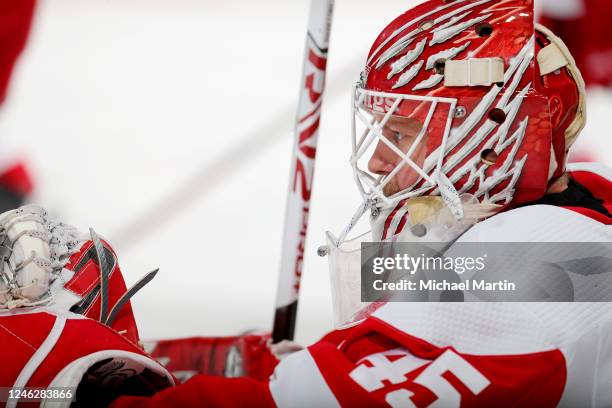 Goaltender Magnus Hellberg of the Detroit Red Wings warms up prior to the game against the Colorado Avalanche at Ball Arena on January 16, 2023 in...