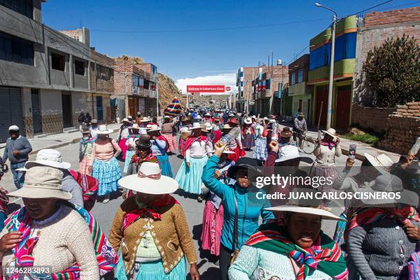 Members of Aymara communities take part in a protest against the government of Peruvian President Dina Boluarte in Ilave, Puno, Peru on January 16,...