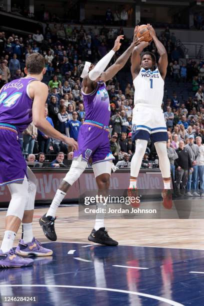 Anthony Edwards of the Minnesota Timberwolves shoots the ball during the game against the Utah Jazz on January 16, 2023 at Target Center in...