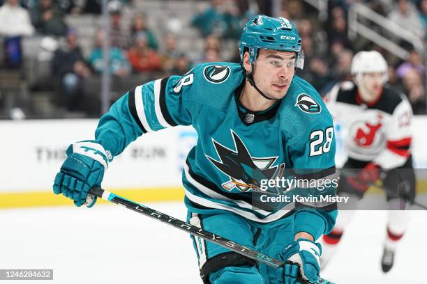 Timo Meier of the San Jose Sharks skates after the puck against the New Jersey Devils at SAP Center on January 16, 2023 in San Jose, California.