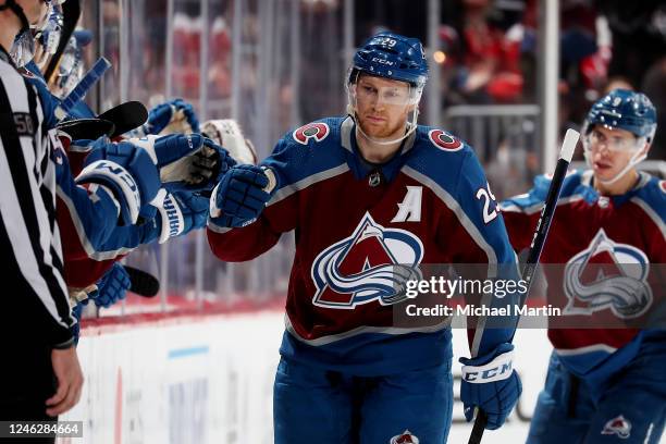 Nathan MacKinnon of the Colorado Avalanche celebrates a goal against the Detroit Red Wings at Ball Arena on January 16, 2023 in Denver, Colorado.