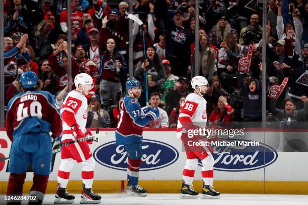 Compher of the Colorado Avalanche celebrates a goal against the Detroit Red Wings at Ball Arena on January 16, 2023 in Denver, Colorado.