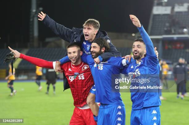 Guglielmo Vicario goalkeeper, Tommaso Baldanzi, Sebastiano Luperto and Francesco Caputo of Empoli FC celebrates the victory after during the Serie A...