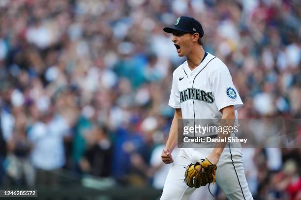 George Kirby of the Seattle Mariners reacts after pitching during the game between the Houston Astros and the Seattle Mariners at T-Mobile Park on...