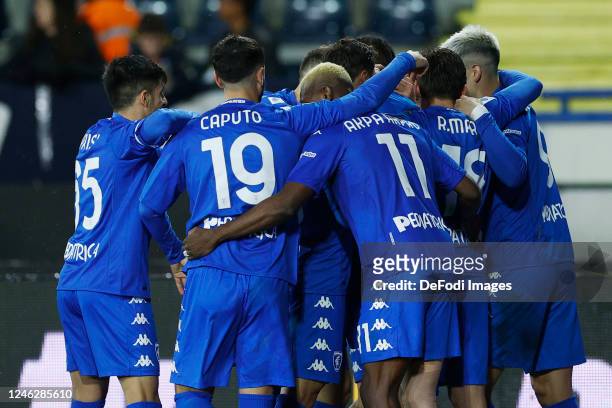 Tyronne Ebuehi of Empoli FC celebrates after scoring his team's first goal with team mates during the Serie A match between Empoli FC and UC...