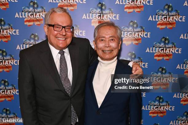 Brad Takei and George Takei attend the press night performance of "George Takei's Allegiance" at the Charing Cross Theatre on January 16, 2023 in...