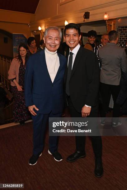 George Takei and Telly Leung attend the press night performance of "George Takei's Allegiance" at the Charing Cross Theatre on January 16, 2023 in...