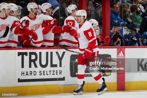 Ben Chiarot of the Detroit Red Wings celebrates a goal against the Colorado Avalanche at Ball Arena on January 16, 2023 in Denver, Colorado.