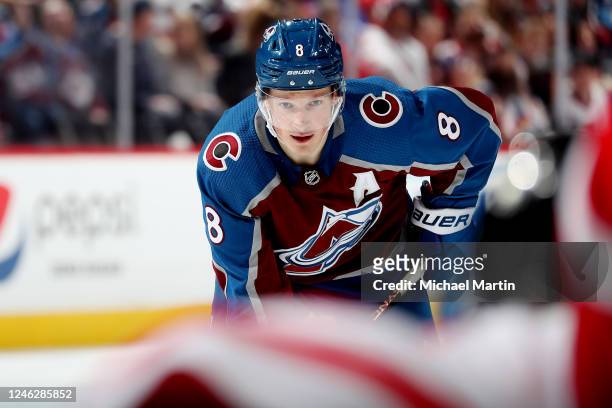 Cale Makar of the Colorado Avalanche awaits a faceoff against the Detroit Red Wings at Ball Arena on January 16, 2023 in Denver, Colorado.