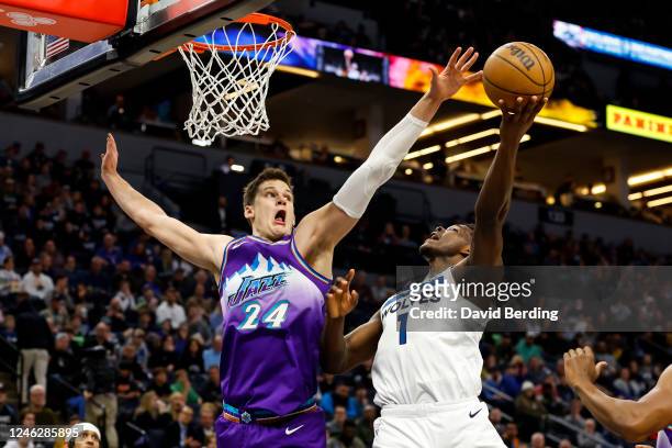 Anthony Edwards of the Minnesota Timberwolves goes up for a shot while Walker Kessler of the Utah Jazz defends in the second quarter of the game at...