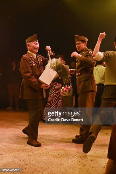 George Takei and Telly Leung bow at the curtain call during the press night performance of "George Takei's Allegiance" at the Charing Cross Theatre...