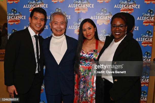 Telly Leung, George Takei, Aynrand Ferrer and Moya Angela attend the press night performance of "George Takei's Allegiance" at the Charing Cross...