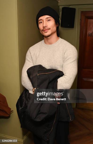 Manny Jacinto attends the press night performance of "George Takei's Allegiance" at the Charing Cross Theatre on January 16, 2023 in London, England.