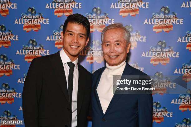 Telly Leung and George Takei attend the press night performance of "George Takei's Allegiance" at the Charing Cross Theatre on January 16, 2023 in...