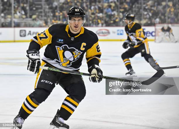 Pittsburgh Penguins Center Sidney Crosby skates during the first period in the NHL game between the Pittsburgh Penguins and the Winnipeg Jets on...