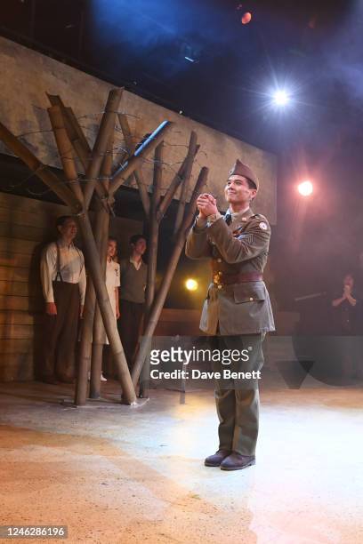Telly Leung bows at the curtain call during the press night performance of "George Takei's Allegiance" at the Charing Cross Theatre on January 16,...