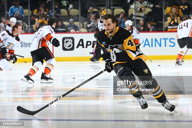 Jonathan Gruden of the Pittsburgh Penguins takes the ice for warmups during his NHL debut prior to the game against the Anaheim Ducks at PPG PAINTS...