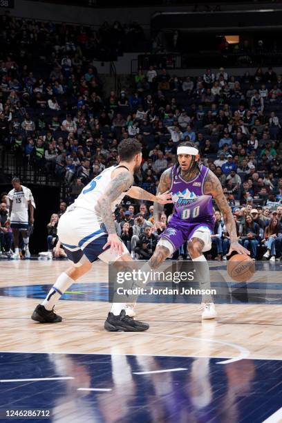 Jordan Clarkson of the Utah Jazz handles the ball during the game against the Minnesota Timberwolves on January 16, 2023 at Target Center in...