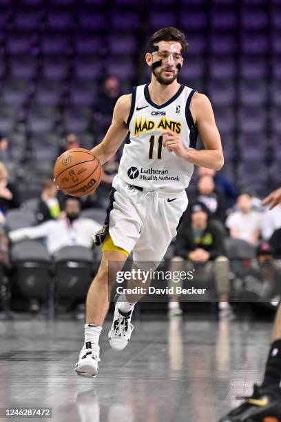 David Stockton of the Fort Wayne Mad Ants moves the ball during the game against the G League Ignite on January 16, 2023 in Henderson, Nevada. NOTE...