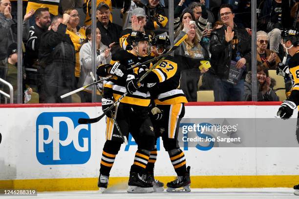 Evgeni Malkin of the Pittsburgh Penguins celebrates his second period goal against the Anaheim Ducks at PPG PAINTS Arena on January 16, 2023 in...