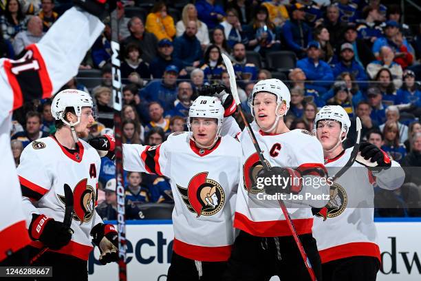 Tim Stützle of the Ottawa Senators is congratulated after scoring a goal against the St. Louis Blues at the Enterprise Center on January 16, 2023 in...