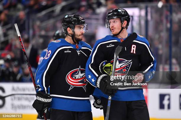 Johnny Gaudreau and Gustav Nyquist of the Columbus Blue Jackets talk during the third period of a game against the New York Rangers at Nationwide...