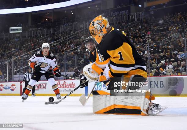 Casey DeSmith of the Pittsburgh Penguins makes a save against the Anaheim Ducks at PPG PAINTS Arena on January 16, 2023 in Pittsburgh, Pennsylvania.