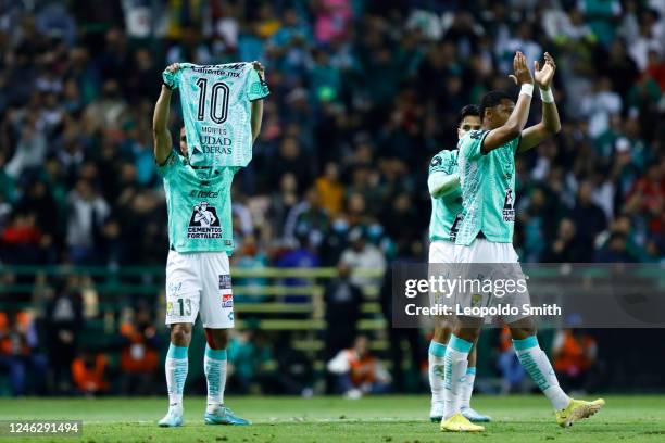 Angel Mena of Leon celebrates after scoring the second goal of his team during the 2nd round match between Leon and Necaxa as part of the Torneo...