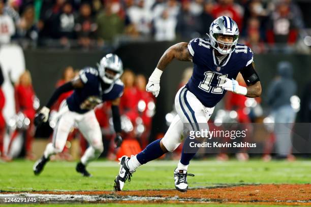 Micah Parsons of the Dallas Cowboys runs downfield during the third quarter of an NFL wild card playoff football game against the Tampa Bay...