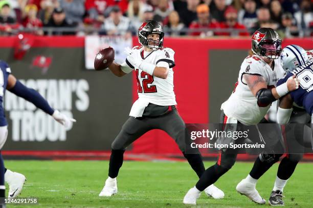 Tampa Bay Buccaneers quarterback Tom Brady throws a pass during the NFC Wild Card Playoff game between the Dallas Cowboys and the Tampa Bay...