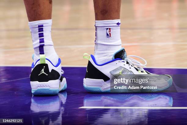 The sneakers worn by Russell Westbrook of the Los Angeles Lakers during the game against the Houston Rockets on January 16, 2023 at Crypto.Com Arena...