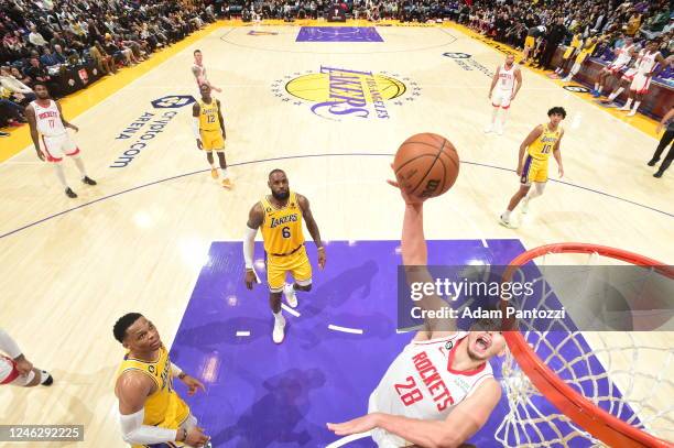 Alperen Sengun of the Houston Rockets drives to the basket during the game against the Los Angeles Lakers on January 16, 2023 at Crypto.Com Arena in...