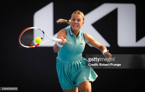 Anett Kontaveit of Estonia in action against Julia Grabher of Austria during her first round match on Day 2 of the 2023 Australian Open at Melbourne...