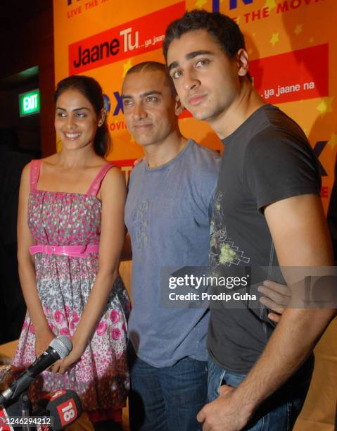 Genelia D'Souza, Aamir Khan and Imran Khan attend the “Jaane Tu... Ya Jaane Na” photocall, where they interacted with patrons and received first hand...