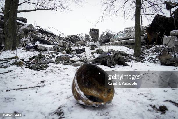 View of debris at the Russian Armed Forces' temporary deployment, where 89 Russian troops died after Ukrainian artillery attacks near Makiivka,...