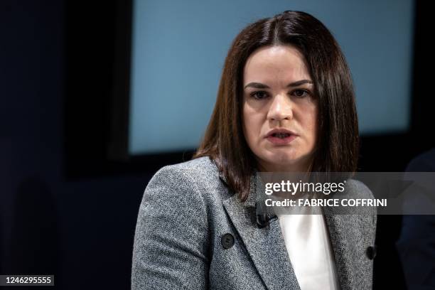 Belarusian opposition leader Svetlana Tikhanovskaya speaks during a session at the Congress centre during the World Economic Forum annual meeting in...