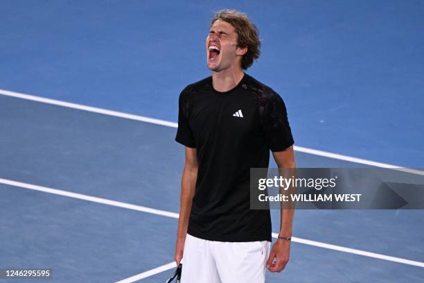 Germany's Alexander Zverev celebrates his victory against Peru's Juan Pablo Varillas during their men's singles match on day two of the Australian...