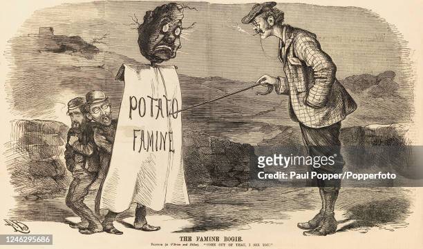 An illustration featuring Chief Secretary for Ireland Arthur Balfour addressing the potato famine behind which stands two Irish politicians,...