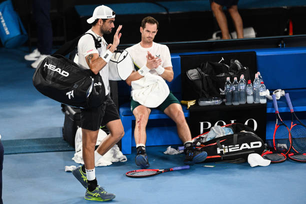Andy Murray celebrates victory after winning his first round match against Matteo Berrettini at the Australian Open grand slam tennis tournament at...