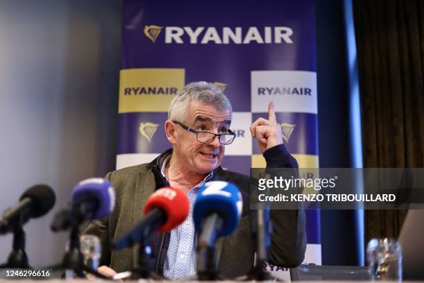 Irish low-cost airline Ryanair CEO Michael O'Leary addresses a press conference in Brussels on January 17, 2023.