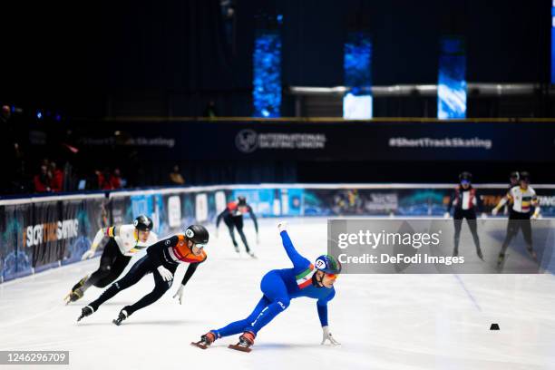 Pietro Sighel of Italy in action performs during the ISU European Short Track Speed Skating Championships at Hala Olivia Arena on January 15, 2023 in...