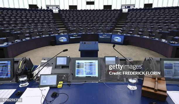 The platform of European Parliament President is pictured before the presentation of Swedens six-month Presidency of the Council as part of a plenary...