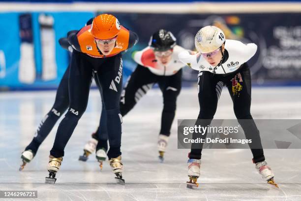 Suzanne Schulting of Netherlands Anna Seidel of Germany in action performs during the ISU European Short Track Speed Skating Championships at Hala...