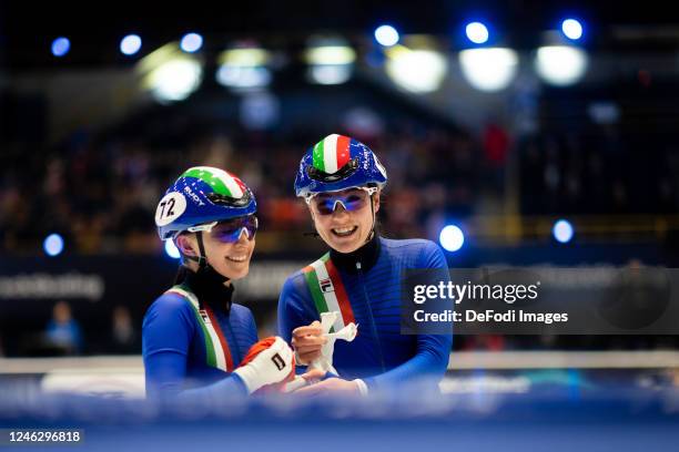 Arianna Sighel of Italy Elisa Confortola of Italy celebrates after final during the ISU European Short Track Speed Skating Championships at Hala...