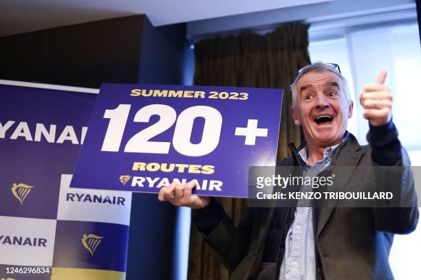 Irish low-cost airline Ryanair CEO Michael O'Leary gestures as he arrives for a press conference in Brussels on January 17, 2023.