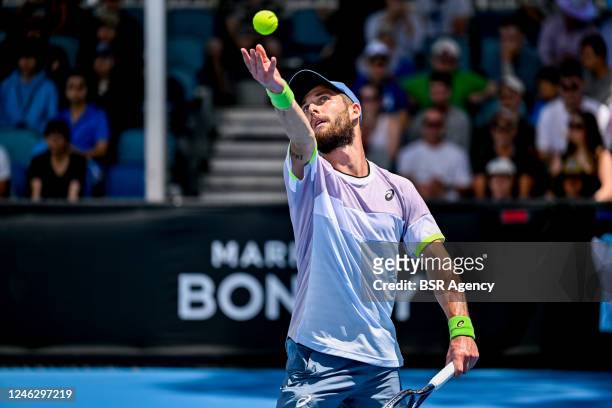 During his game against Jiri Lehecka of Czech Republic during the 2023 Australian Open at Melbourne Park on January 16, 2023 in Melbourne, Australia