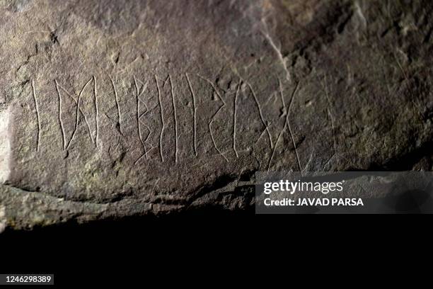 Detailed view taken on on January 17, 2032 in Oslo shows inscriptions on a sandstone rock, believed to be the world's oldest runestone inscribed...