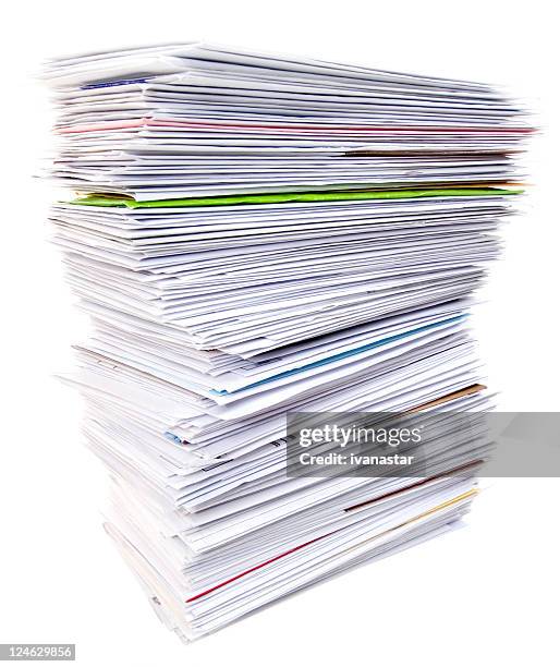 big stack of unpaid bills and envelopes isolated on white - large envelope stock pictures, royalty-free photos & images