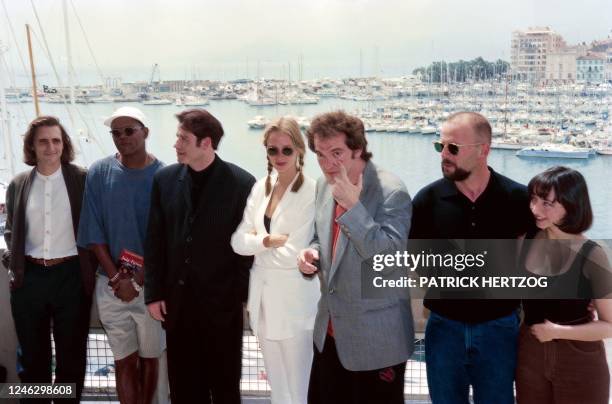 Actors Lawrence Bender, Samuel L. Jackson, John Travolta, Uma Thurman, US film director Quentin Tarantino, US actor Bruce Willis and Portuguese...